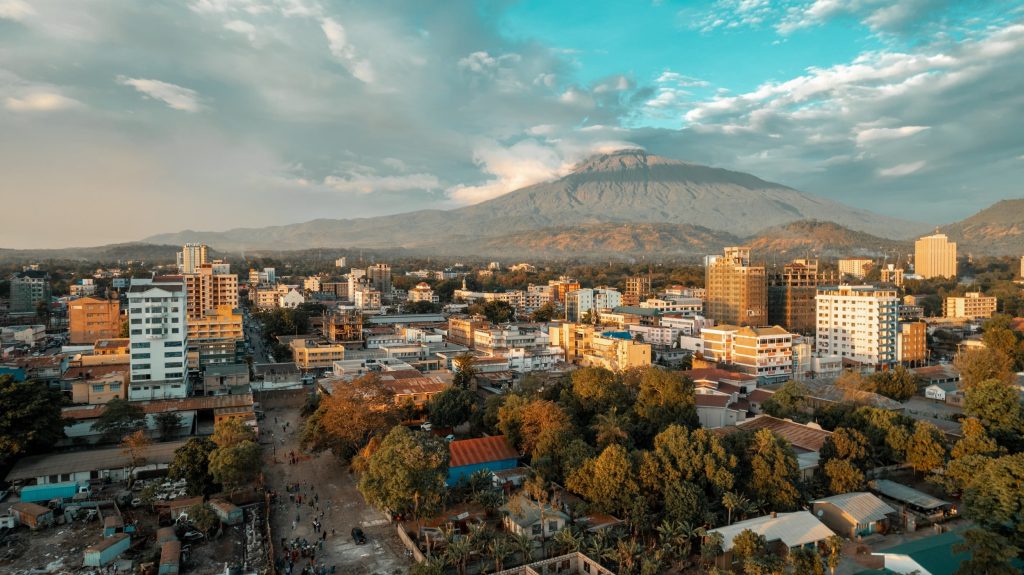 Aerial view of Arusha city, Tanzania with scenic landscapes and urban layout.